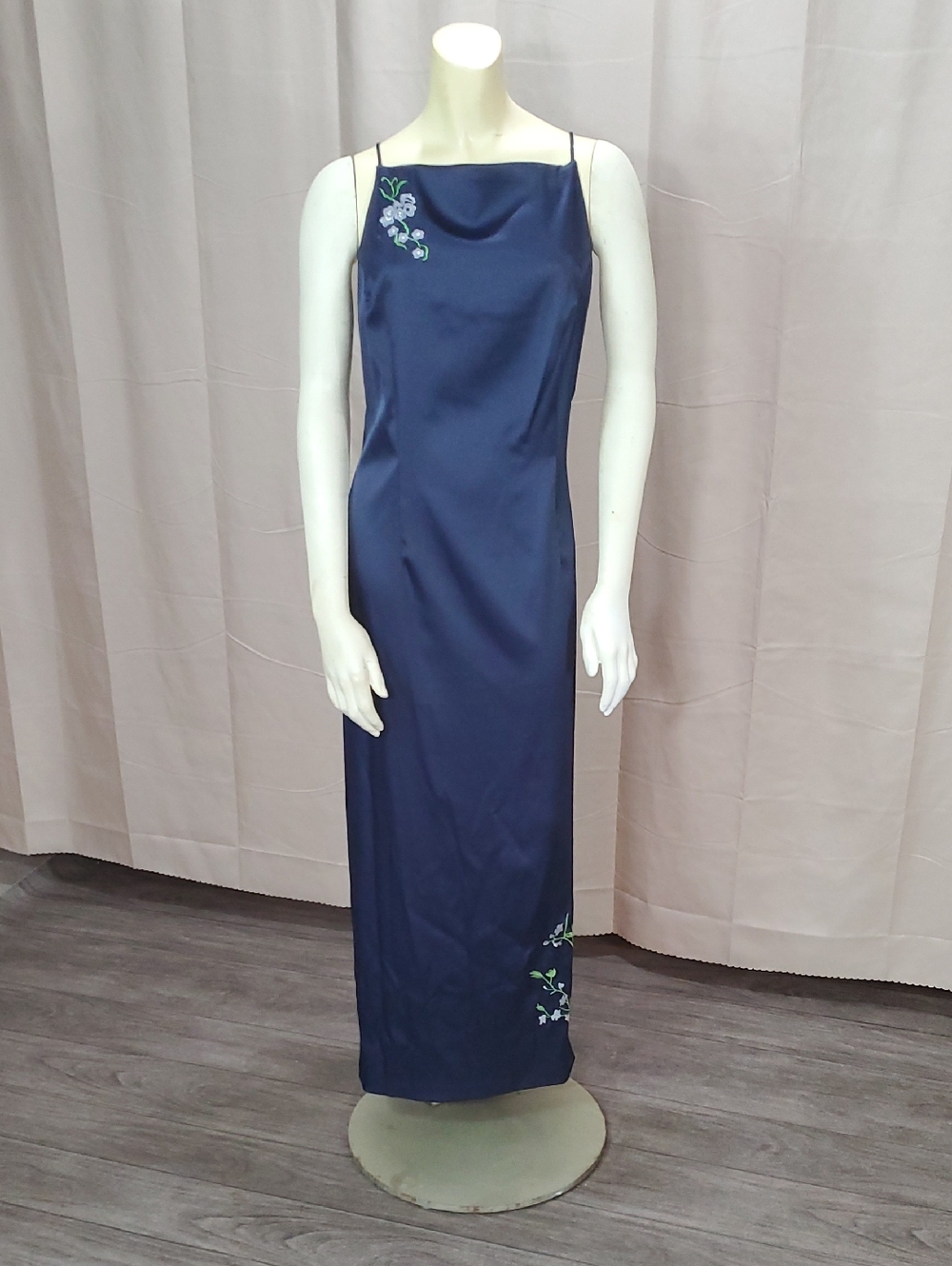 CDC Navy Satin Slip Maxi Dress with Floral Embroidery